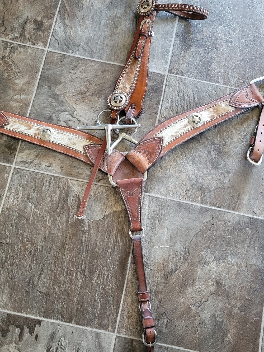 Western Leather Breast Collar and Bridle with Hair-On Hide Accents - Brown/Tan
